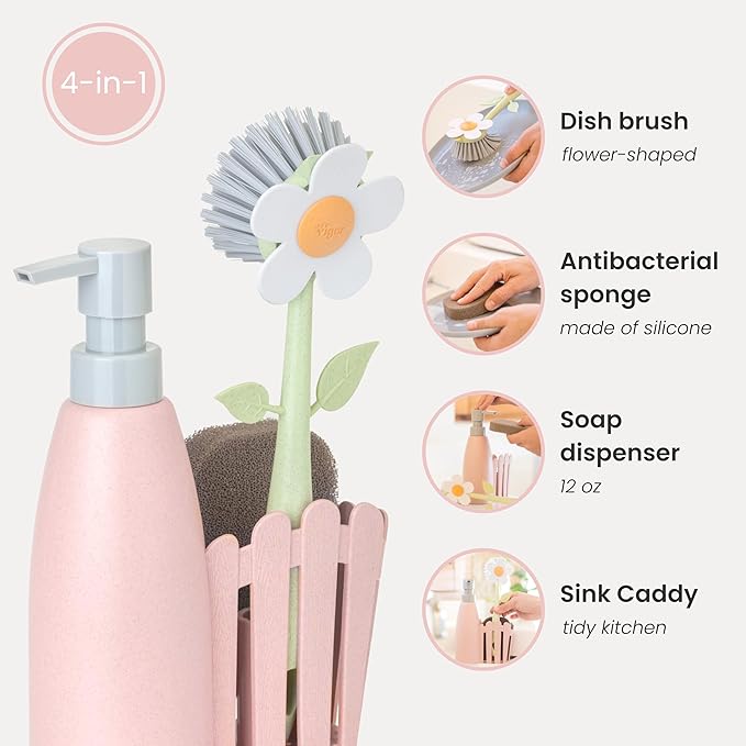Vigar Florganic Kitchen Sink Caddy Set with Dish Soap Dispenser - Sponge Holder, Decorative Flower Dish Brush & Sponge, Kitchen Sink Organizer, Brush Holder and Soap Caddy for Countertop - Pink