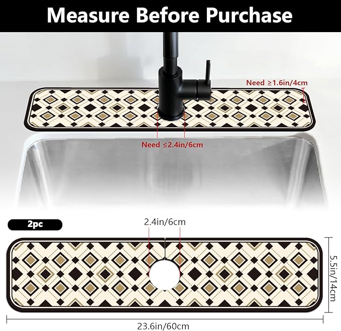 2 Pcs Minimalist Style Kitchen Sink Splash Guard Faucet Mat Black and Gold European-Style Plaid Pattern Faucet Mat for Sinks Absorbing Drying Mats for Kitchen Bathroom, 23.6x5.5inch