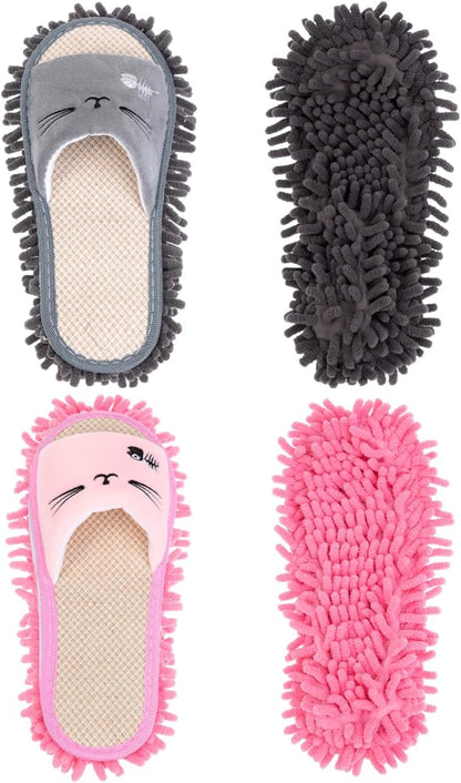 HooLing 2 Pairs Microfiber Mop Slippers for Floor Cleaning Detachable House Mop Shoes Men and Women Washable Unisex Dusting Slippers Dirt Tool Supplies(Gray, Pink,Men's 7-9, Women's 8-10)