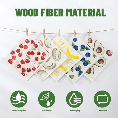 Kitchen Towels Swedish Dishcloths - 6 Count Reusable Paper Towels, Ultra Absorbent Odor Free Eco Friendly Biodegradable Cleaning Rags, (Fruit)