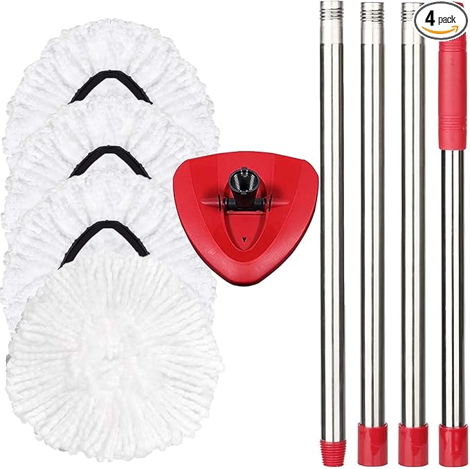 FOOKCIAN Spin Mop Replacement Set - 4 Microfiber Heads, Base, 30-58'' Handle Compatible with OCedar EasyWring - White (1 Can System)