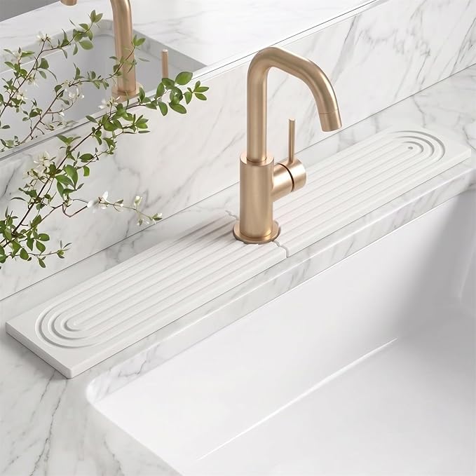 Stone Faucet Mat for Kitchen Sink-Diatomite Drying Stone Mat& Sink Protector,Quick Dry Water Absorbing Stone Tray ,Sink Splash Guard for Kitchen Counter & Bathroom Counter (White, 15.7"x3.9")