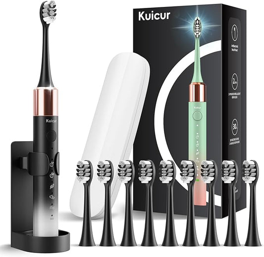 Kuicur Electric Toothbrush for Adults and Kids, Comes with 10 Brush Heads & Travel Case, 5 Modes with 2 Minutes Built in Smart Timer, One Charge for 90 Days, 42,000 VPM Motor
