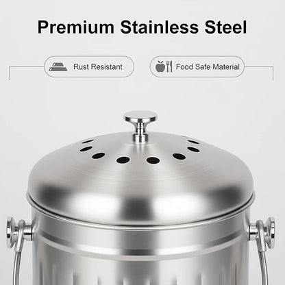 1.3 Gallons 5L Brushed Stainless Steel Kitchen Countertop Undersink Indoor Odorless Composting Compost Bin Countertop Composter with Charcoal Filter Inside Lid Brushed