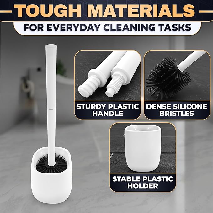 Toilet Brush and Holder Set - Silicone Toilet Bowl Brush with White Holder Base, Compact Bath Accessory for Small Spaces - Easy to Place and Simple to Store After Use, Plastic Bathroom Cleaning Tool