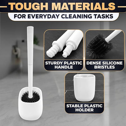 Toilet Brush and Holder Set - Silicone Toilet Bowl Brush with White Holder Base, Compact Bath Accessory for Small Spaces - Easy to Place and Simple to Store After Use, Plastic Bathroom Cleaning Tool
