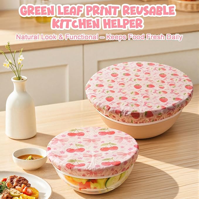 2-Pack Reusable Beeswax Bowl Covers with Pink Bow & Fruit Pattern, 10/12 Inch Elastic Cotton Food Storage Covers for Bread Proofing, Sourdough Dough & Kitchen Containers