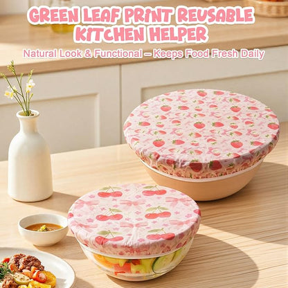 2-Pack Reusable Beeswax Bowl Covers with Pink Bow & Fruit Pattern, 10/12 Inch Elastic Cotton Food Storage Covers for Bread Proofing, Sourdough Dough & Kitchen Containers