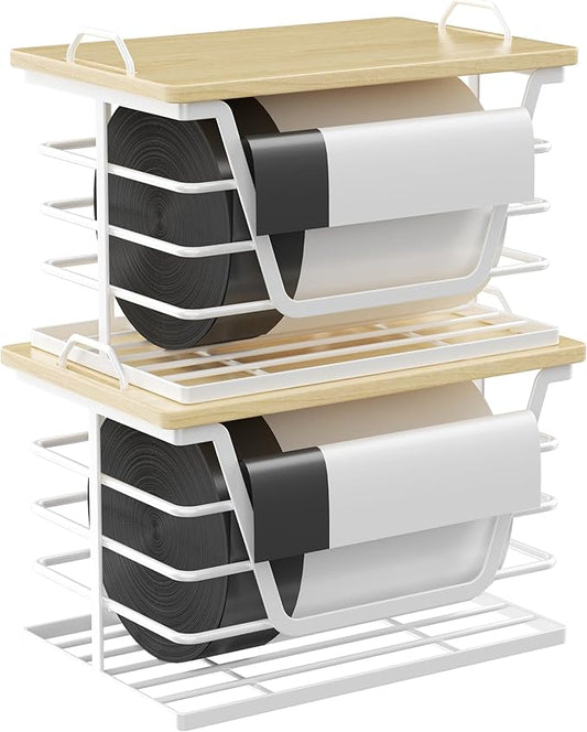 2 Pack Stackable Trash Bag Holders with Wood Top, Large & Small Garbage Bag Dispenser for Kitchen, Pantry, Laundry Room Organization, Wall Mount or Countertop Use, White