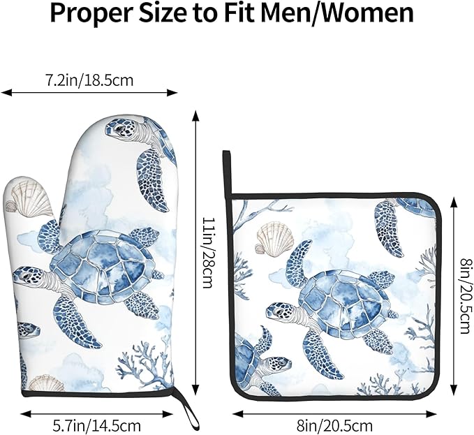 Navy Blue Ocean Sea Turtle Oven Mitts and Pot Holders Sets of 2 Summer Gift for Cooking Enthusiasts Coastal Beach Nautical Coral Kitchen Gloves for Baking BBQ Cooking Grilling Decor