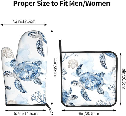 Navy Blue Ocean Sea Turtle Oven Mitts and Pot Holders Sets of 2 Summer Gift for Cooking Enthusiasts Coastal Beach Nautical Coral Kitchen Gloves for Baking BBQ Cooking Grilling Decor