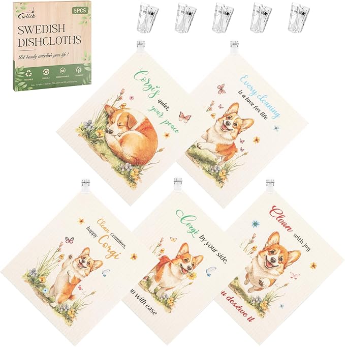 wlich 5PCS Swedish Dishcloths for Kitchen, Reusable Dish Rags for Washing Dishes with Clips, Non-Scratch Kitchen Towels and Dishcloths Sets, Washable Swedish Dish Cloths, No Odor(Dog)