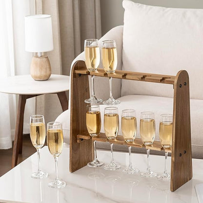 MyGift 2 Tier Champage Glass Holder, Cocktail Tree Stand for Drinks, Tabletop Wine Beer Flute Rack Party Stemware Hanging Display, 10 Slots for 9 Inch Glasses, Rustic Premium Solid Acacia Wood