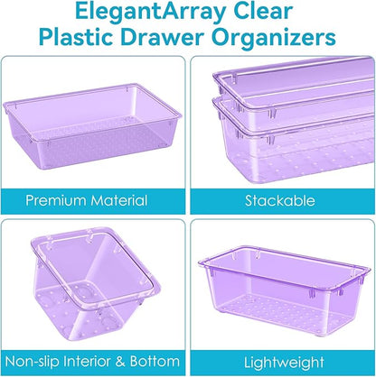 ElegantArray 12-Piece Drawer Organizer Set, 4 Sizes Versatile Plastic Vanity Organizer for Makeup, Stationery, Gadgets, in Kitchen, Bathroom, Office, and Bedroom, Purple