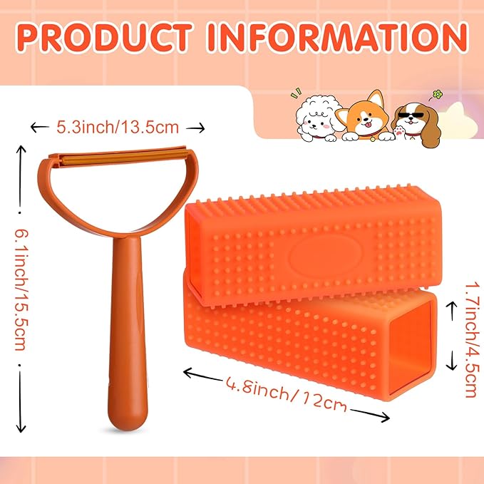 Honeydak 3 Pieces Hair Remover Tool Dog Hair Remover Pro Silicone Cleaner Brush Roller Fuzz Hairball Brush for Carpet Rake, Car Mat, Couch, Pet Bed, Clothes (Orange)
