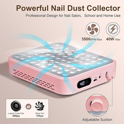 Nail Dust Collector with 2 Reusable Filters,Nail Vacuum Dust Collector Quiet for Nail Tech Art, Powerful Nail Fan and Duster Collector,Nail Vacuum Cleaner for Salon and Home(Pink)