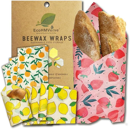 Reusable Beeswax Food Wraps, Organic Cotton Food Storage, Eco Friendly Plastic Free Wrap for Bread Sandwiches Fruits Cheese