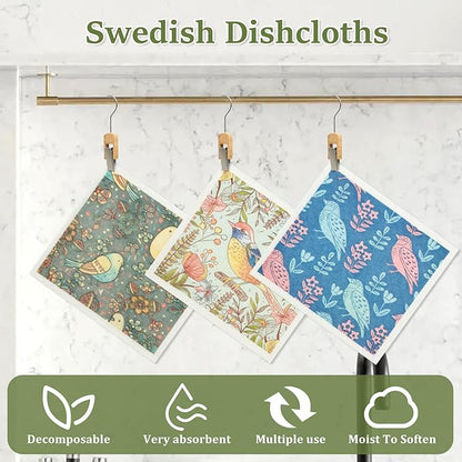 6Pcs Swedish Dishcloths for Kitchen, Quick-Drying Reusable Paper Towels, Absorbent Washable Kitchen Dish Rags, Soft Cellulose Sponge Cloths for Countertop Sink Flower Bird (6pcs Birds)