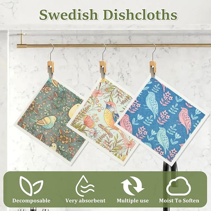12Pcs Swedish Dishcloths for Kitchen, Quick-Drying Reusable Paper Towels, Absorbent Washable Kitchen Dish Rags, Soft Cellulose Sponge Cloths for Countertop Sink Flower Bird (12pcs Birds)