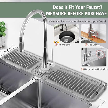 24-Inch Kitchen Sink Splash Guard Mat | 7° Slope for Fast Self-Draining | Snap-Lock Design | Universal & Cuttable Silicone Faucet Mat Gray