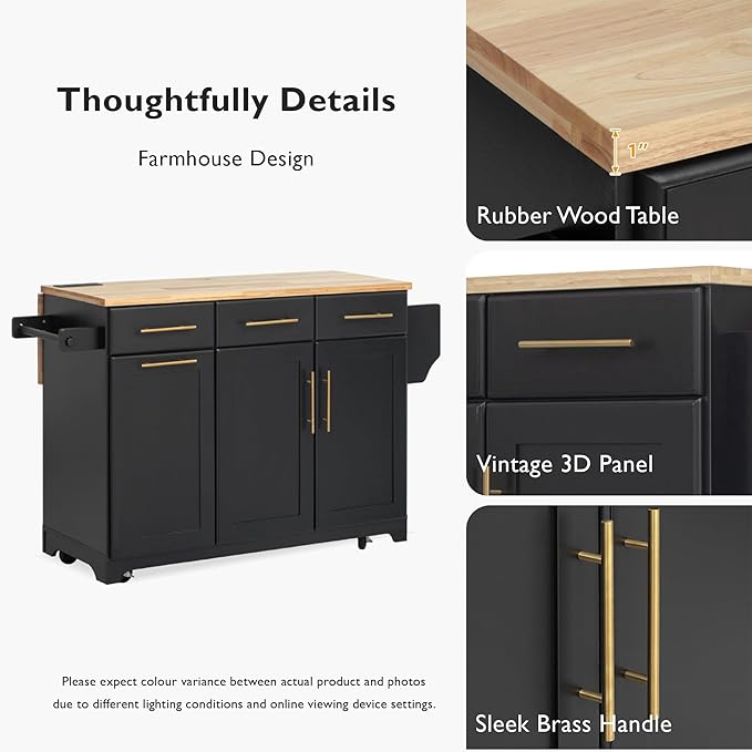 59.3" Kitchen Island with Drop Leaf and Pull Out Trash Can Storage Cabinet, Rolling Kitchen Island Table with Power Outlet, Spice & Towel Rack for Kitchen, Dining, Black