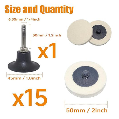Merryland Wool Quick Change Disc 2 inch for Die Grinder, 2inch Polishing Buffing Pad 15 Pack with 1/4 Inch Shank, Wool Fabric Disc Polishing Buffing Wheel Metal Steel Iron Universal, DGTAB17C1