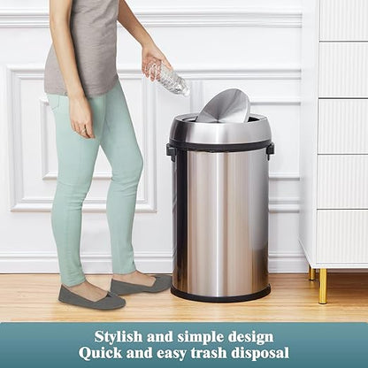 Garvee 65 L/17 gal Swing Top Trash Can, Fingerprint-Proof Stainless Steel Garbage Can, Heavy Duty Commercial Round Trash Bin with Swing Lid for Kitchen, Outdoor, Home, Office, Silver