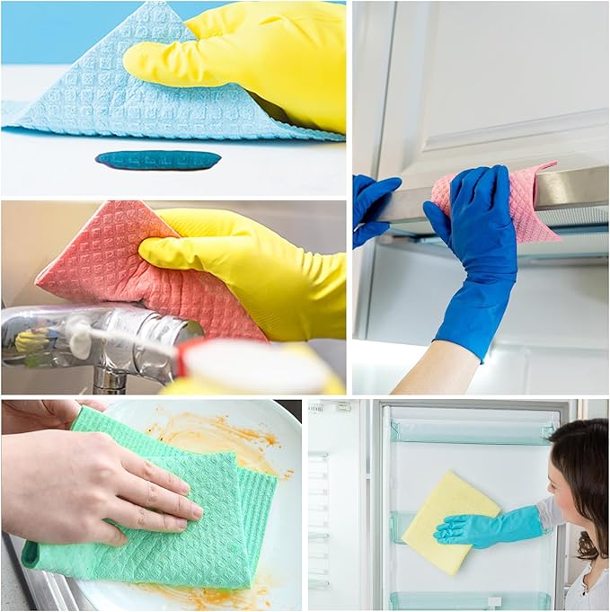 10 Pack Swedish Dishcloths, Reusable Cellulose Sponge Cloths with Adhesive Clips, Swedish Dish Paper Towels No Odor for Cleaning Home Kitchen
