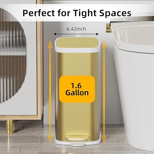 KdbK Champagne Gold Bathroom Trash Can with Lid Soft Close,1.6 Gallon Slim Garbage can,Small Metal Step Wastebasket for Office, Bedroom, Toilet, Live Room