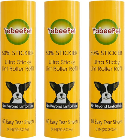 8 inch Large Surface Roller Refill for Scotch-Brite 50% Stickier Lint Roller, Works Great On Pet Hair (60 Sheets per Roll, 3 Pack Refills)