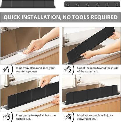 20Inch Silicone Sink Splash Guard with Strong Suction Cups, Flexible Kitchen Sink Splash Guard for Front of Sink, Easy to Clean Splash Guard for Kitchen & Bathroom (Black, 20.5''x2.8'')