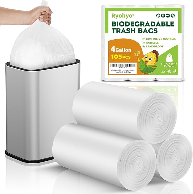 Biodegradable Small Trash Bags 4 Gallon, 105 Count Unscented Small Garbage Bags, Easy Tearing Bathroom trash bags for Bathroom Bedroom Office Kitchen, White