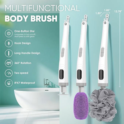 Electric Body Brush Back Scrubber for Shower, Waterproof Long Handle Power Body Scrubber with 3 Heads & 2 Speeds, Rechargeable Bath Brush for Cleansing, Exfoliating, Massaging and Foot Callus Remover