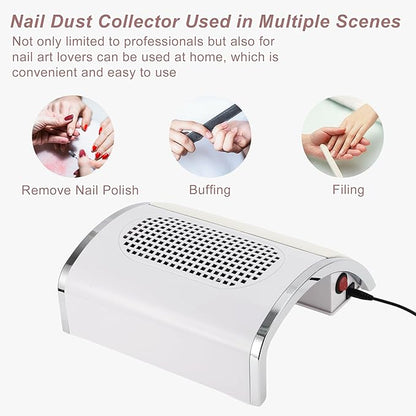 VOCOSTE Nail Dust Collector, 80W Nail Vacuum Dust Collector, Low Noise Nail Fan Dust Collector, Dust Collector Nail Tech for Manicure Acrylic Gel Nails Polishing, with 2 Dust Bag, White