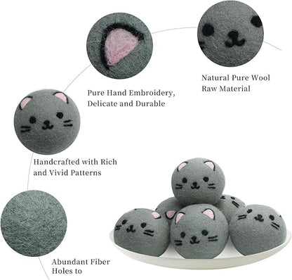 Dryer Balls Laundry Reusable - XL Wool Dryer Balls - Handmade Cute, Extra Large Dryer Balls, Shorten Drying Time, Organic Wool - Dry 1000+ Loads (Gray Cat)