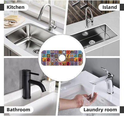 Mexican Tiles Multicolored Bright Colorful 15" X 5.5" Kitchen Sink Splash Guard Faucet Faucet Guard Draining Mat Sink Splash Guard Faucet Kitchen Bathroom