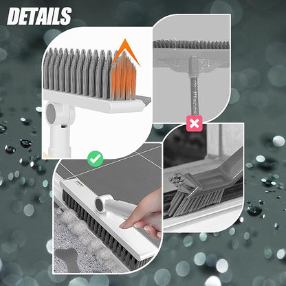 Floor Scrubbing Brush with 57" Adjustable Long Handle,3 in 1 Living Grout Brush with Squeegee,V-Shape Stiff Brush Bristle,Heavy Duty Bathroom Cleaning Brush for Tile,Deck,Patio,Wall,Garage,Kitchen