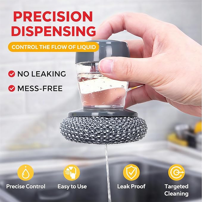Grip Soap Dispenser, Comfort Grip Soap Dispensing Kitchen Scrub, Built-in Soap Control Handle, Replaceable Nylon Bristles, Non-Slip Design for Kitchen Dish & Cookware Cleaning