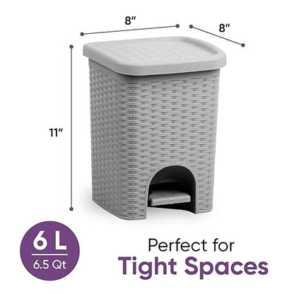 Superio 2-Pack Mini 6L Step Pedal Trash Can - Wicker Design, Hidden Mechanism, Durable Plastic, Ideal for Desktop, Countertop, Pet Waste/Dog Poop- Grey