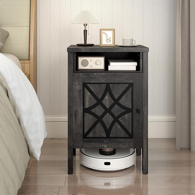 GOFLAME Robot Vacuum Storage Cabinet, Retro Sofa Side End Table with Hidden Robotic Vacuum Cleaner Storage & Open Compartment, Sweeping Robot Stand Cabinet for Living Room (Grey)