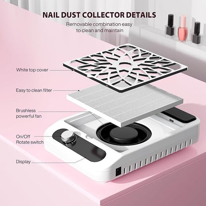 Nail Dust Collector for Nail Techs,Compact & Quiet Vacuum Fan Dust Collector with Reusable Filter, Powerful Dust Suction Machine,Nail Tech Must Haves for Gel Polish,Pedicures,Salon & Home Use