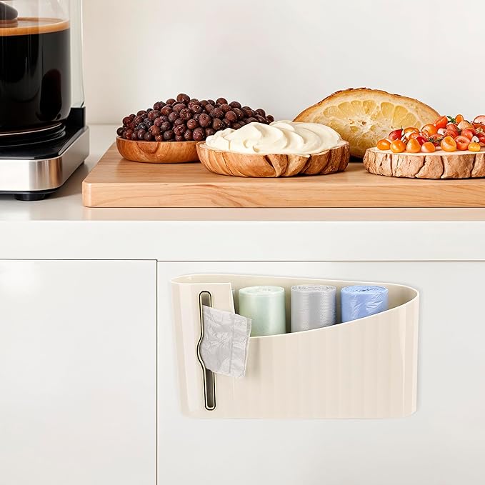 Wall Mount Trash Bag Dispenser, Plastic Grocery Holder for Kitchen Cabinet, Adhesive Garbage Organizer with Divider & Gold Slot, No Drill Storage Box (Beige)