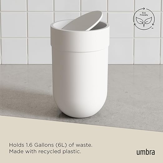 Umbra Touch Trash Can, Small 1.6-Gallon Garbage Bin with Swing Lid, Waste Basket for Bathroom or Office, White