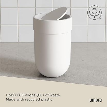 Umbra Touch Trash Can, Small 1.6-Gallon Garbage Bin with Swing Lid, Waste Basket for Bathroom or Office, White