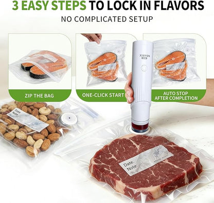 Xinyonxin Handheld Vacuum Sealer Machine with 30 Reusable Bags, Cordless Electric Food Preservation Pump for Meat and Sous Vide, USB Rechargeable Mini Sealing System for Kitchen