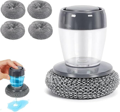 Soap Dispensing Dish Brush with Replaceable Nylon Balls, Comfort Grip Handle for Kitchen Scrub - Built-in Soap Dispenser for Cleaning Dishes, Pots, Pans, Sinks & Bathtubs (1+5pcsballs)