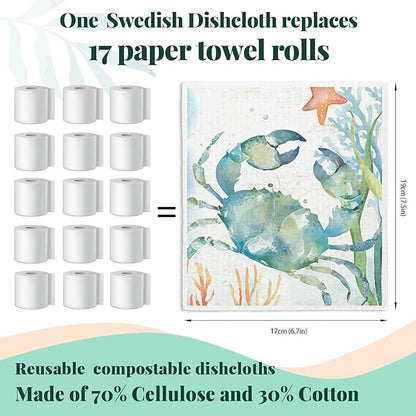 Ocean Turtle Fish Swedish Dishcloths for Kitchen, 4 Pack Ocean Summer Gifts Swedish Dish Cloths Towels for Kitchen Bathroom Office Housewarming Gifts, Papaya Reusable Paper Towels Washable