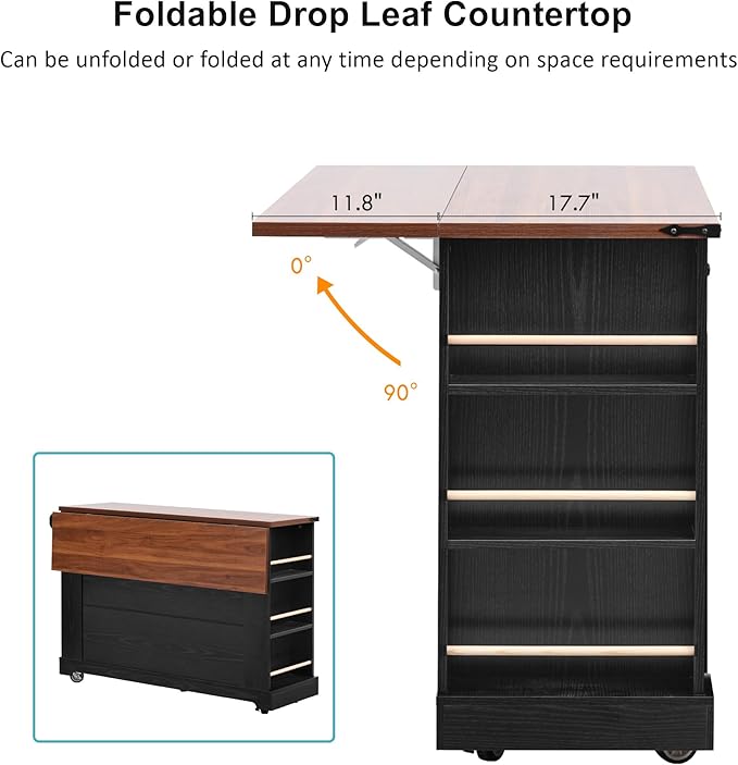 53" Farmhouse Kitchen Island with 2 Tempered Glass Cabinet Doors, Power Outlet, Rolling Kitchen Cart on Wheels with Drop Leaf, 5 Open Side Racks, 3 Drawers, for Kitchen, Black