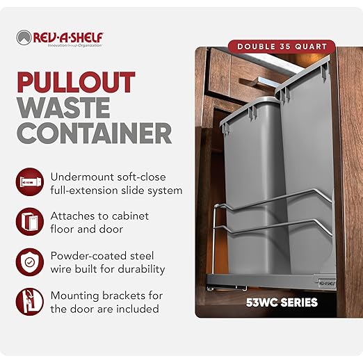Rev-A-Shelf Double Pullout Trash Cans for Under Kitchen Cabinets 35 Quart 8.75 Gallon with Soft-Close Slides, 14.5" Min Opening, 53WC-1835SCDM-217