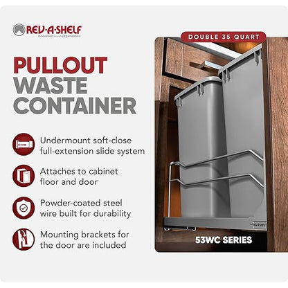 Rev-A-Shelf Double Pullout Trash Cans for Under Kitchen Cabinets 35 Quart 8.75 Gallon with Soft-Close Slides, 14.5" Min Opening, 53WC-1835SCDM-217